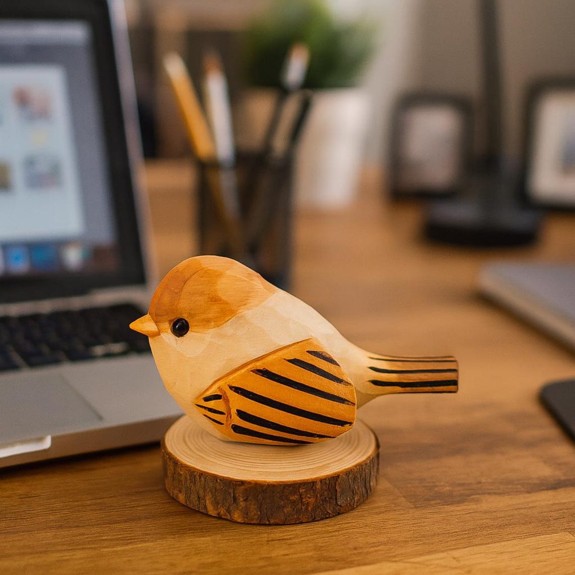 Mini Sparrow Wooden Figurine - Hand Carved Bird Ornament, Cute Desk Decor & Car Accessory, Unique Small Gift
