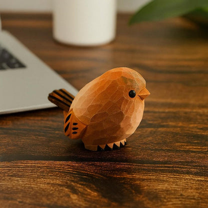Mini Sparrow Wooden Figurine - Hand Carved Bird Ornament, Cute Desk Decor & Car Accessory, Unique Small Gift